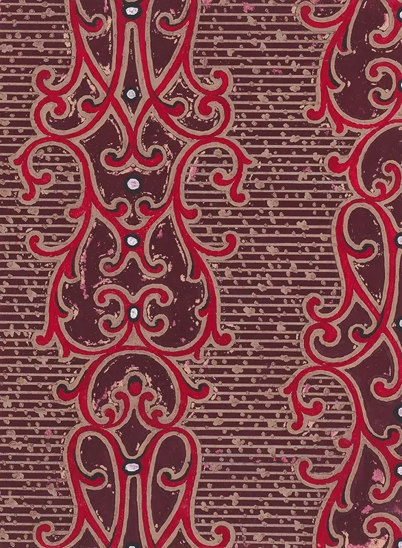Textile Design With Vertical Strips Of Pearls Framed By Ornamental Scrolling Motifs Over A Striped Background With Dots