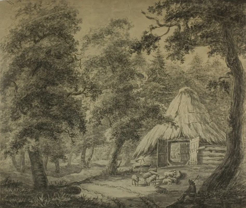 Thatched Hut In Woods With Shepherd And Sheep