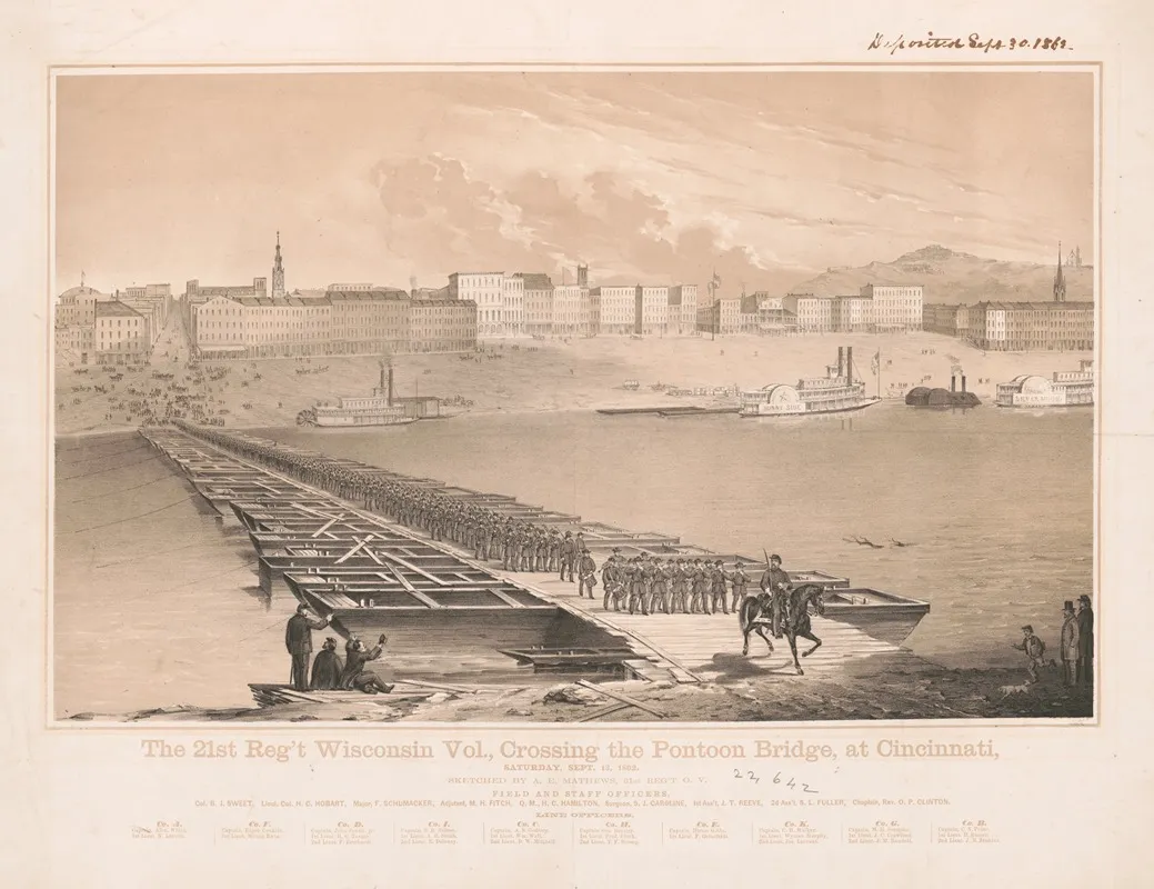 The 21st Regt Wisconsin Vol Crossing The Pontoon Bridge At Cincinnati Saturday Sept 13 1862 Wall Art by Alfred Edward Mathews - High-Resolution Digital Print