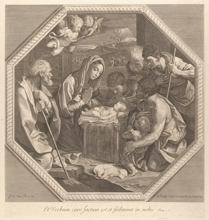 The Adoration Of The Shepherds Who Kneel Together At Right Before The Infant Christ Wall Art by Francois de Poilly - High-Resolution Digital Print