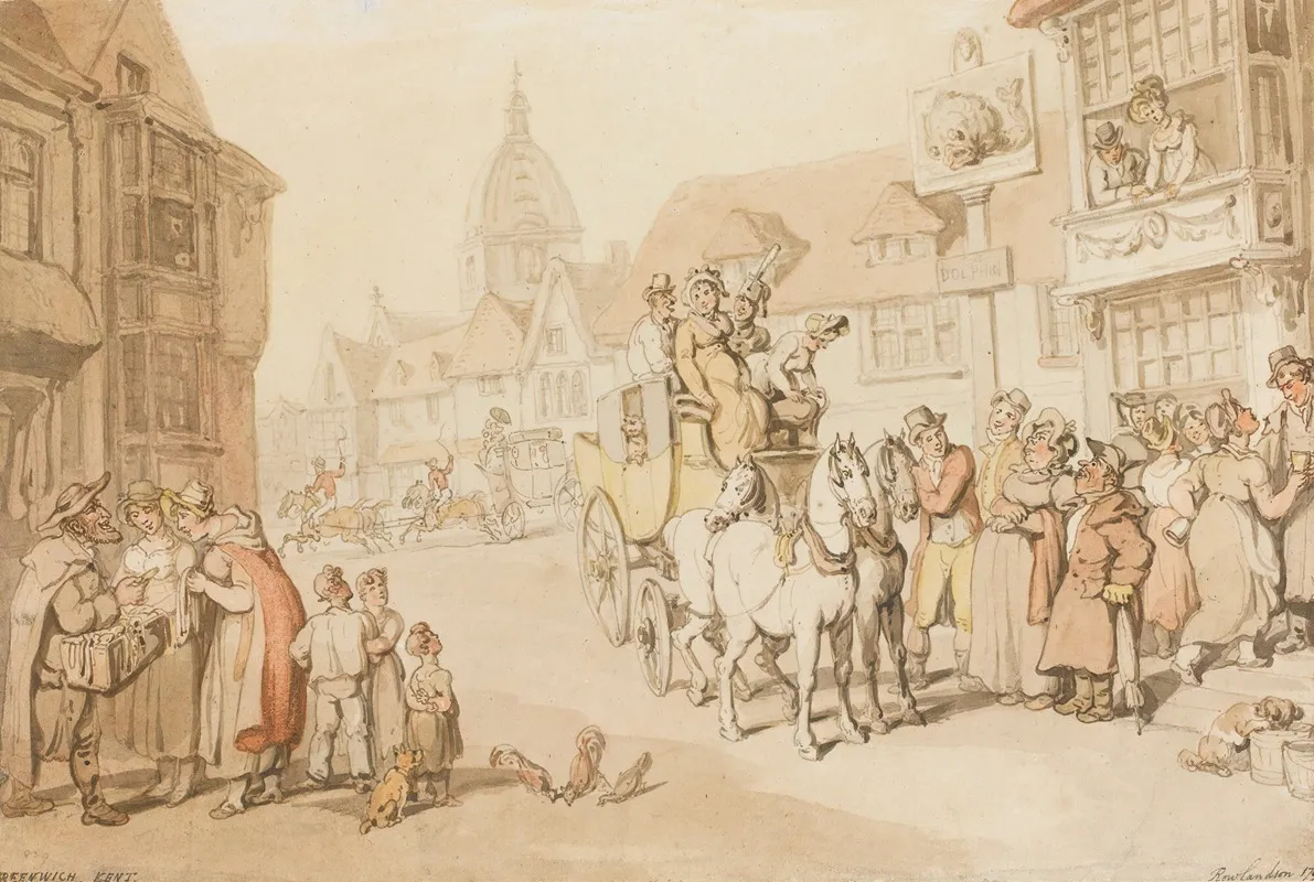The Arrival Of A Coach At The Dolphin Inn Greenwich Wall Art by Thomas Rowlandson - High-Resolution Digital Print
