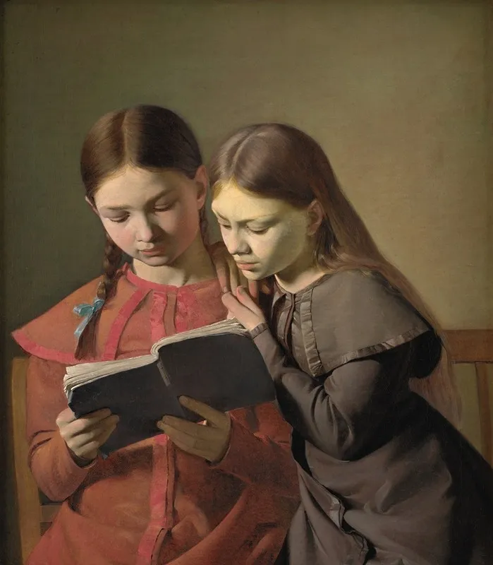 The Artists Sisters Signe And Henriette Reading A Book Wall Art by Constantin Hansen - High-Resolution Digital Print