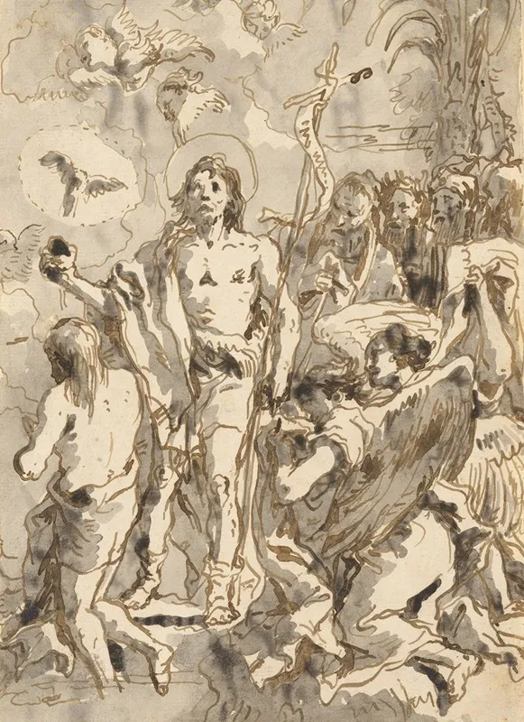 The Baptism Of Christ With Christ Half Kneeling At Left His Back Turned And The Baptist Full Faced At Center Looking Up Wall Art by Giovanni Domenico Tiepolo - High-Resolution Digital Print