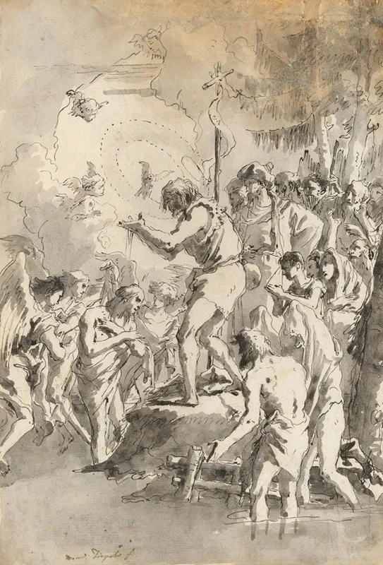The Baptism Of Christ With Three Angels Attending Him Wall Art by Giovanni Domenico Tiepolo - High-Resolution Digital Print