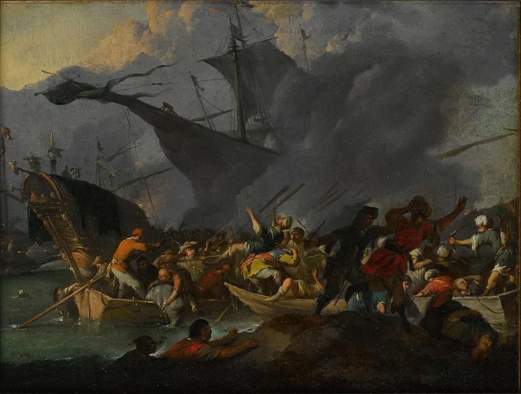 The Battle Of Lepanto 1571 With Crowded Boats And Men Struggling To Shore In The Foreground