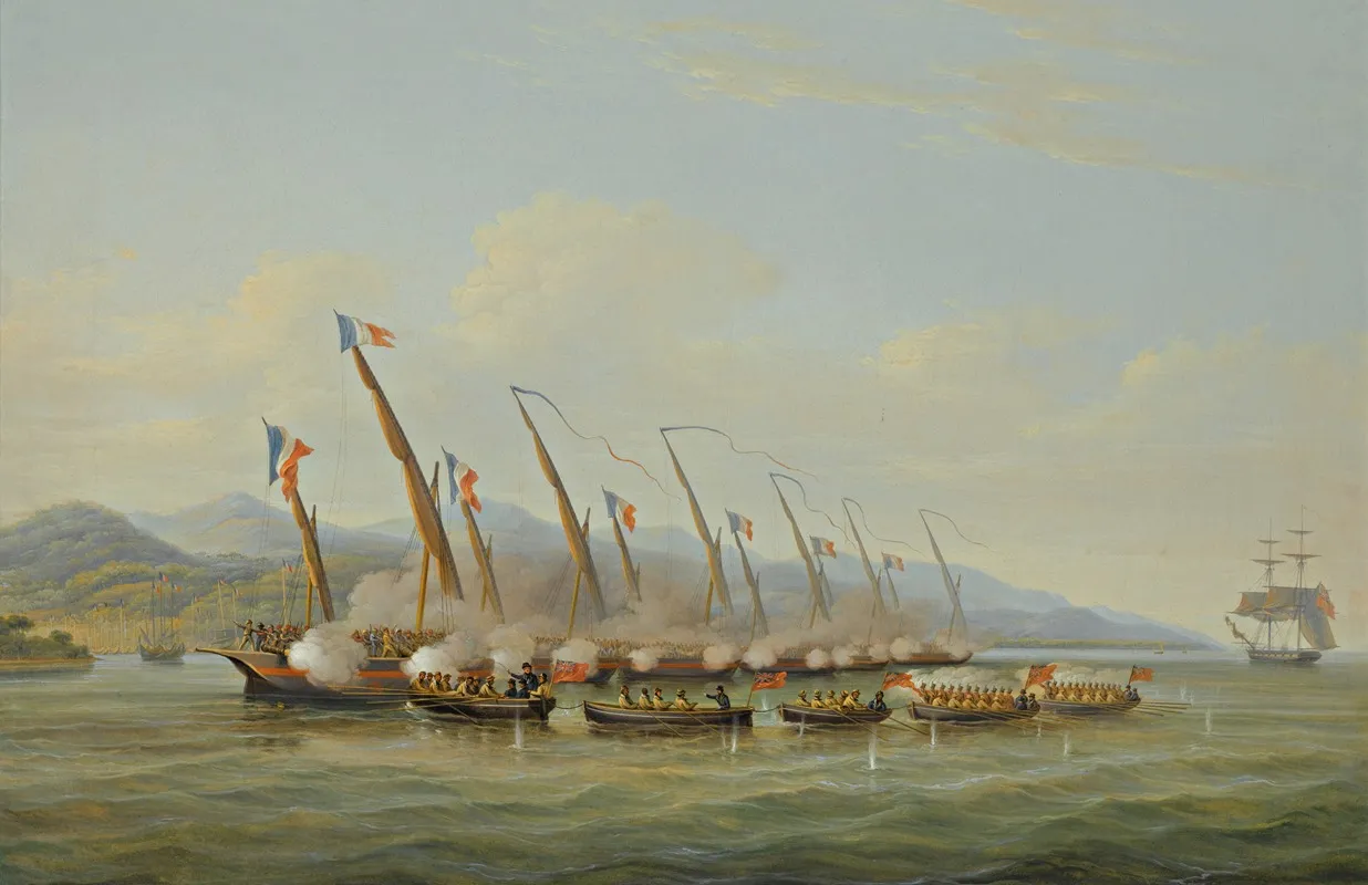 The Boats Of H M S Sloop Procris 10 Guns Engaging French Gunboats Off The Mouth Of The Indramayo Java Wall Art by William John Huggins - High-Resolution Digital Print