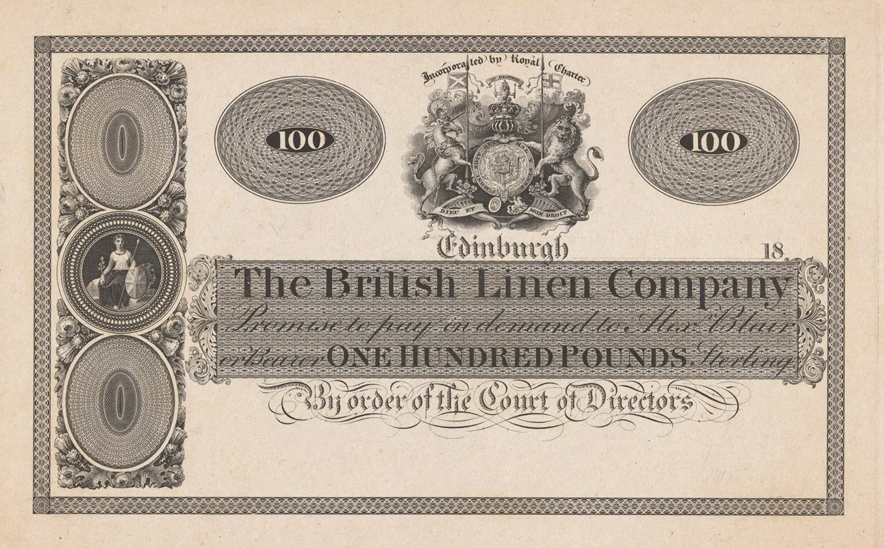 The British Linen Company Edinburgh One Hundred Pound Note Wall Art by Perkins & Heath - High-Resolution Digital Print