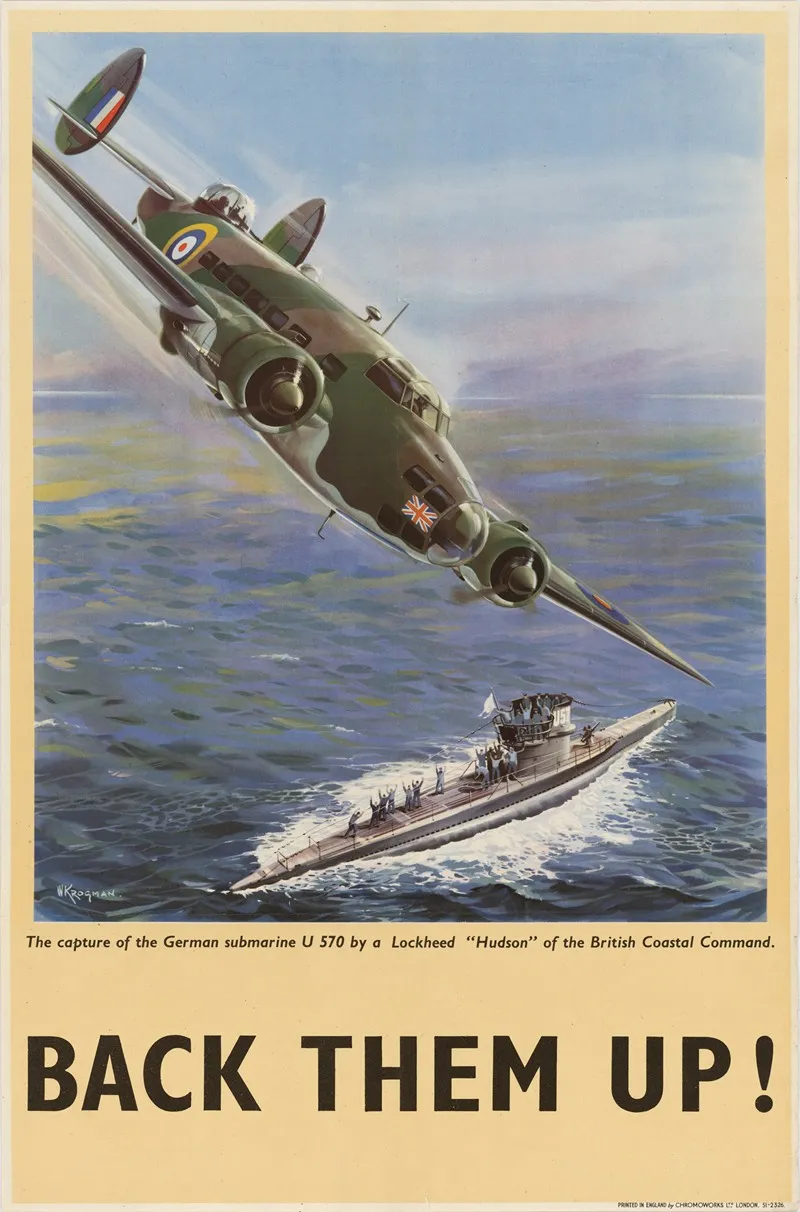 The Capture Of The German Submarine U 570 By A Lockheed Hudson Of The British Coastal Command Back Them Up Wall Art by W Krogman - High-Resolution Digital Print
