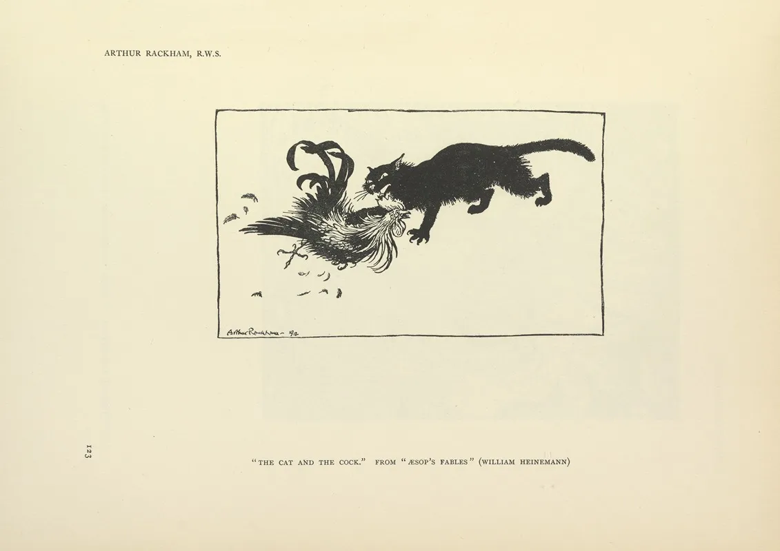 The Cat And The Cock Aesops Fables Wall Art by Arthur Rackham - High-Resolution Digital Print