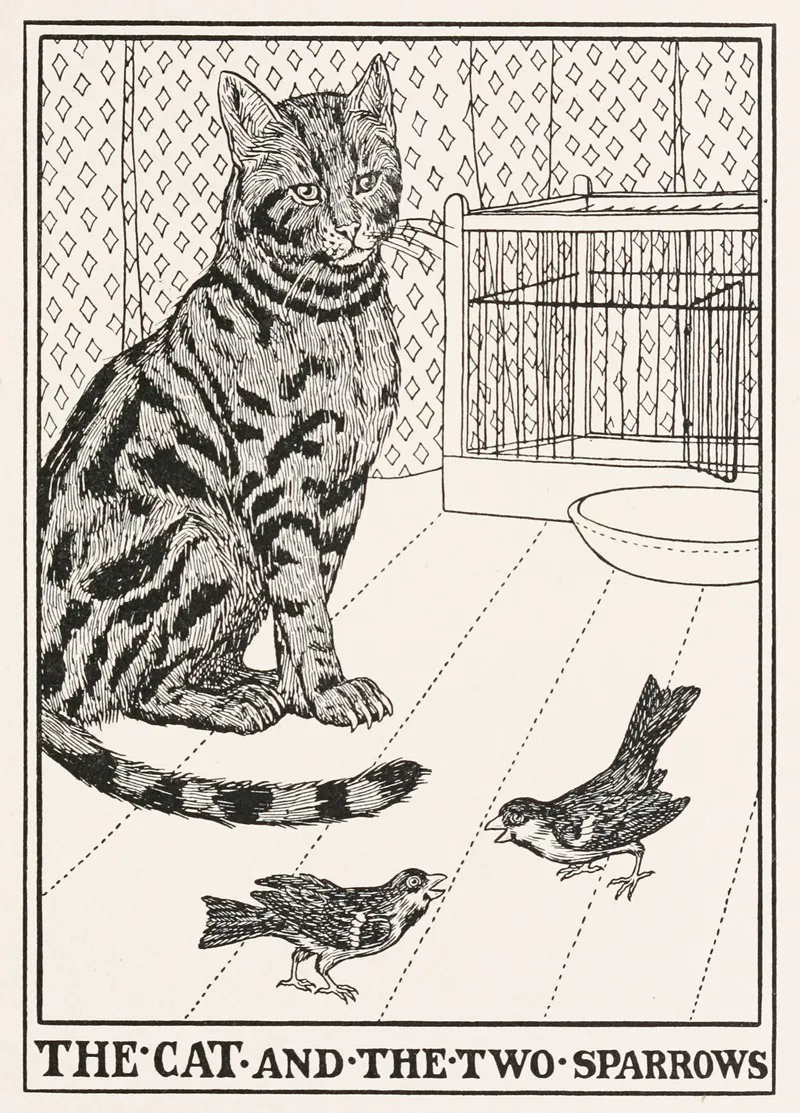 The Cat And The Two Sparrows Wall Art by Percy J. Billinghurst - High-Resolution Digital Print