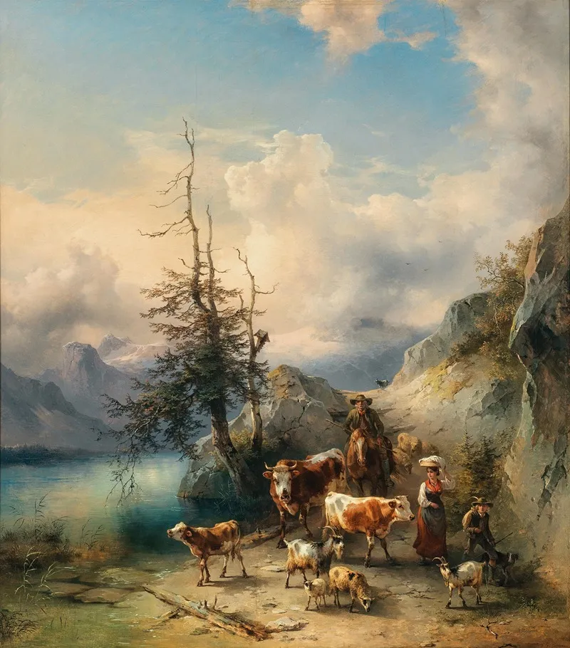 The Cattle Drive In Altaussee With A View Of The Dachstein Massif Wall Art by Friedrich Gauermann - High-Resolution Digital Print