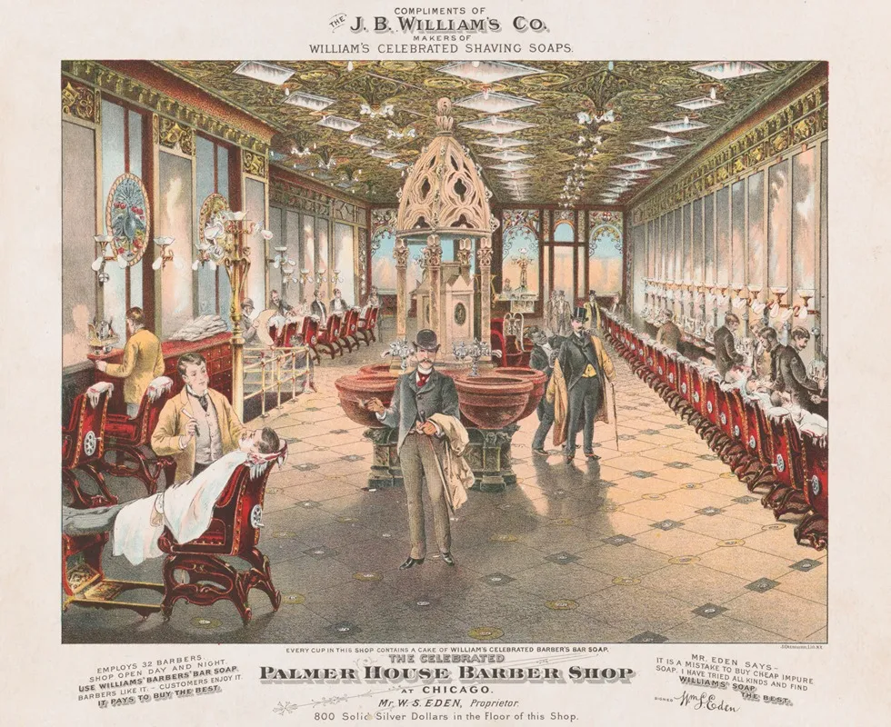 The Celebrated Palmer House Barber Shop At Chicago Mr W S Eden Proprietor Wall Art by J. Ottmann Lith. Co. - High-Resolution Digital Print