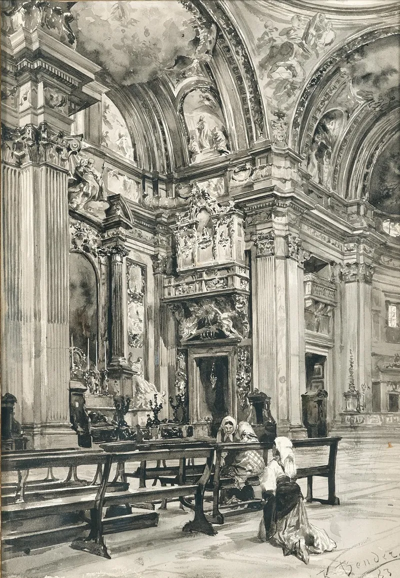 The Church Nave Of Il Gesu In Rome With Women In Prayer Wall Art by Karl Bender - High-Resolution Digital Print