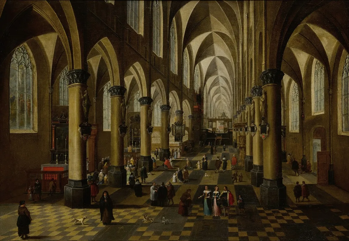 The Church Of Saint Walburga In Antwerp With A Mass Being Said Many Figures And A Door Open On The Right