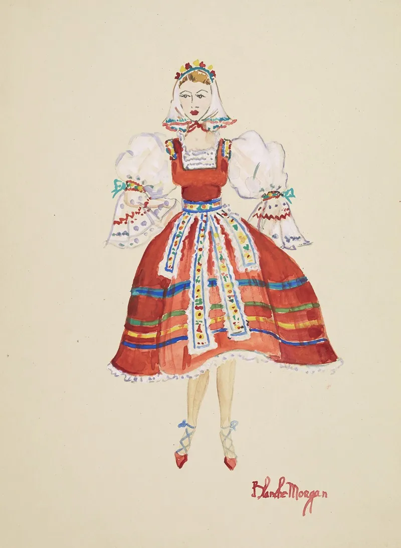The Clown Prince Red Apron Dress With White Puffed Sleeves Wall Art by Blanche Morgan - High-Resolution Digital Print