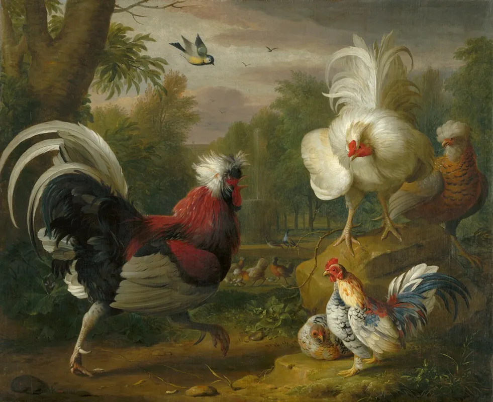 The Cockrels Fight Wall Art by Jakob Bogdani - High-Resolution Digital Print
