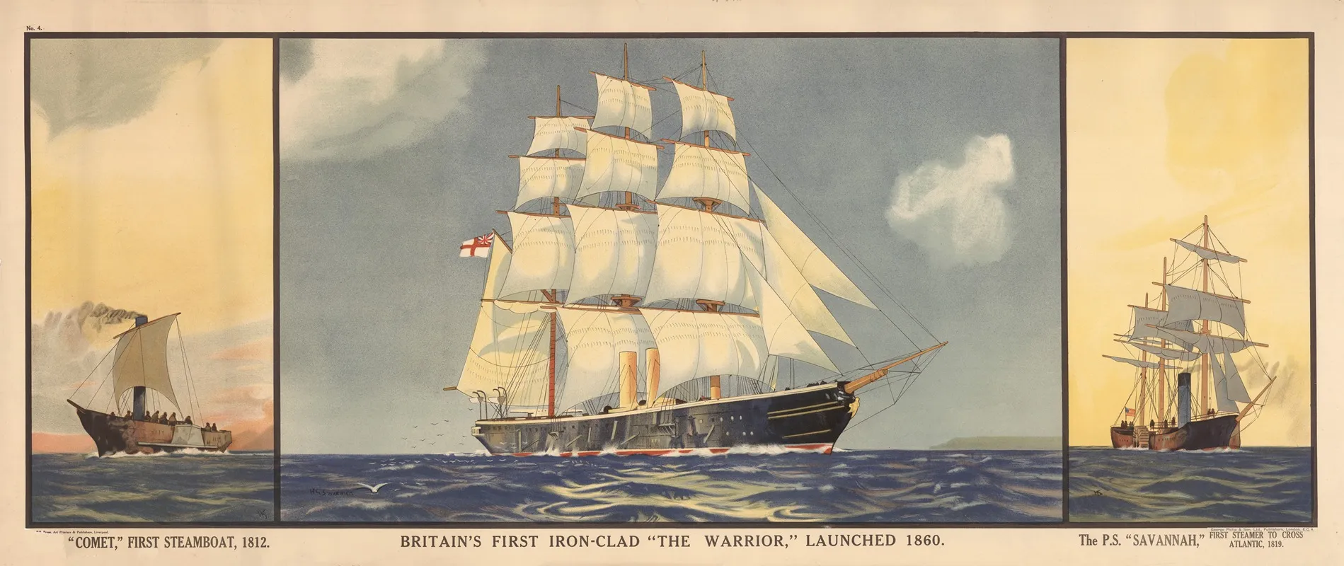 The Comet First Steamboat 1812 Britains First Iron Clad The Warrior Launched 1860 The P S Savannah First Steamer To Cross Atlantic 1819 Wall Art by H. G. Swanwick - High-Resolution Digital Print