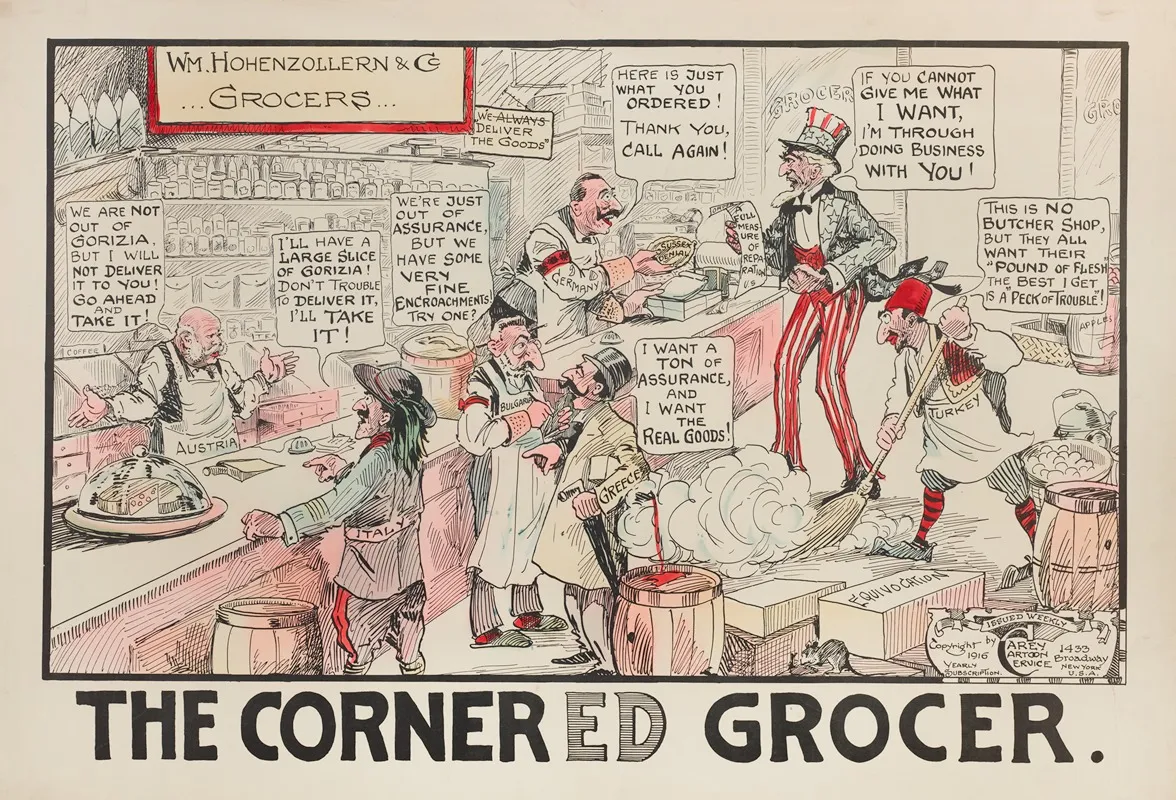 The Cornered Grocer Wall Art by Carey Cartoon Service - High-Resolution Digital Print