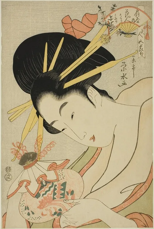 The Courtesan Hanahito Of The Ogiya And Attendants Sakura And Momiji From The Series Beauties Of The Five Festivals Bijin Gosekku