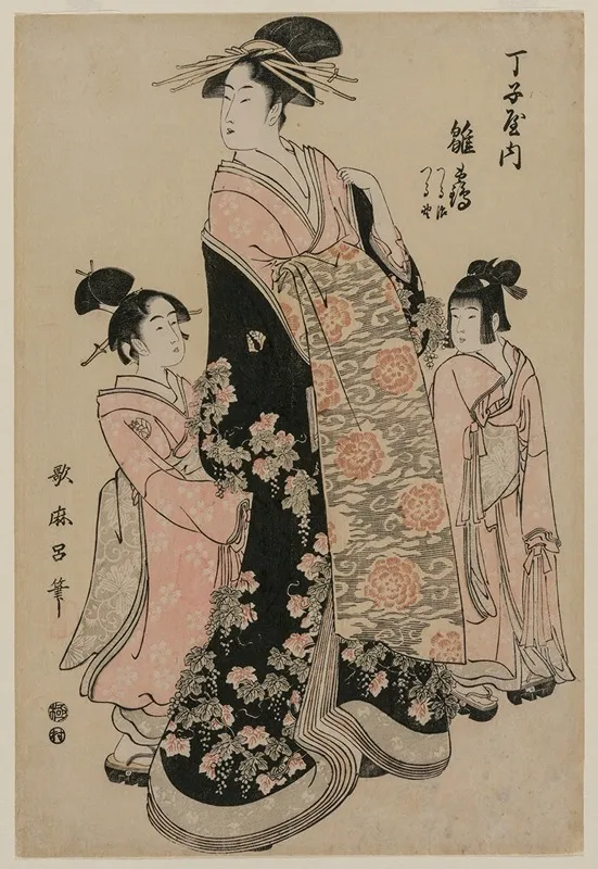 The Courtesan Hinazuru Of Chojiya With Her Attendants Tsuruji And Tsuruno