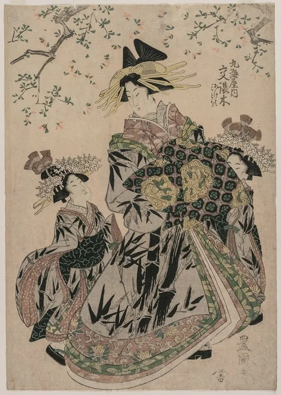 The Courtesan Katakoshigi Of Maruebiya With Her Kamuro Ageha And Midori Wall Art by Toyokuni Utagawa - High-Resolution Digital Print