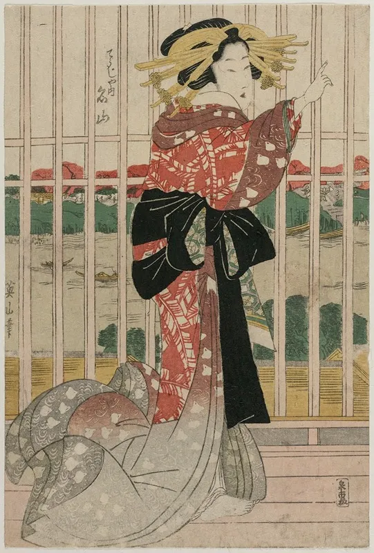 The Courtesan Meizan Of The Chojiya On A Balcony Overlooking The Sumida River