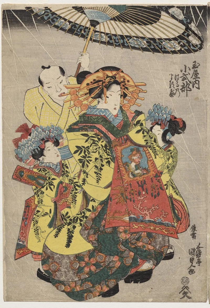 The Courtesans Hanamurasaki And Koshikibu Of The Tamaya Promenading In The Rain 2 Wall Art by Utagawa Kunisada (Toyokuni III) - High-Resolution Digital Print