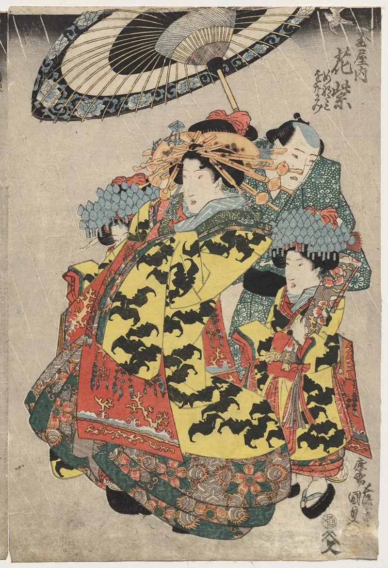 The Courtesans Hanamurasaki And Koshikibu Of The Tamaya Promenading In The Rain 3 Wall Art by Utagawa Kunisada (Toyokuni III) - High-Resolution Digital Print
