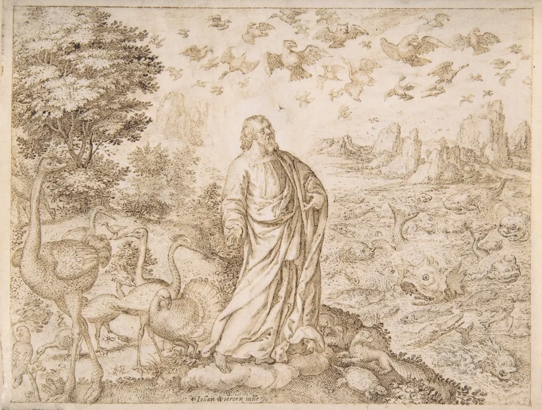 The Creation Of The Fish And The Birds Wall Art by Jan (Johannes) Wierix - High-Resolution Digital Print