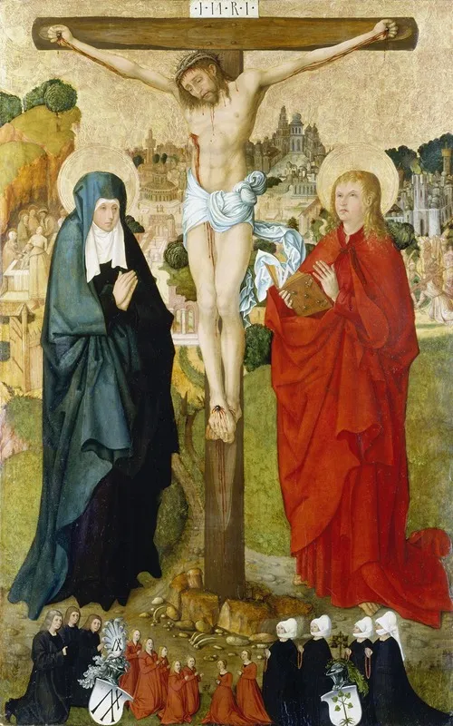 The Crucifixion With Donor Portraits Of Wigand Markel And His Family Wall Art by Master of Frankfurt - High-Resolution Digital Print