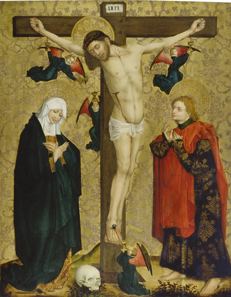 The Crucifixion With Mary And Saint John The Evangelist Wall Art by Master Of The Middle Rhine - High-Resolution Digital Print
