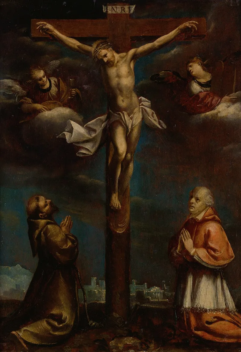 The Crucifixion With St Francis A Cardinal And Two Angels Wall Art by Lombard School - High-Resolution Digital Print