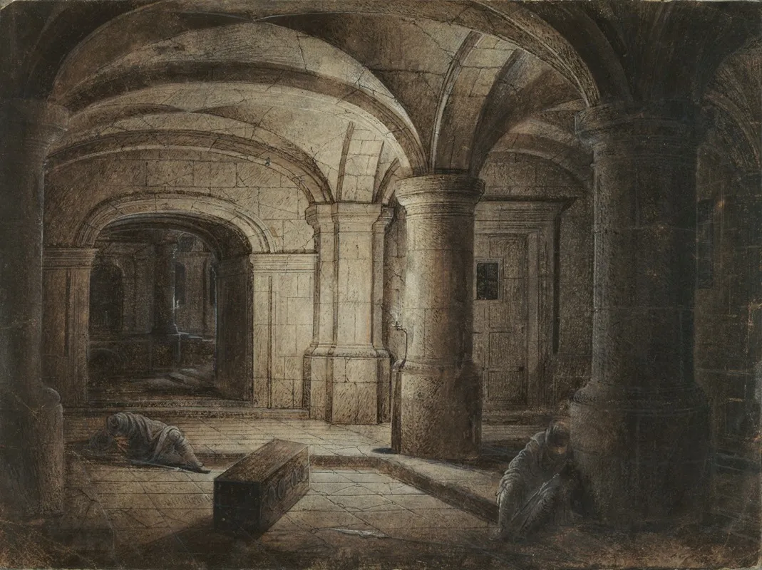 The Crypt Of A Church With Two Men Sleeping Wall Art by Hendrick van Steenwijck the Younger - High-Resolution Digital Print