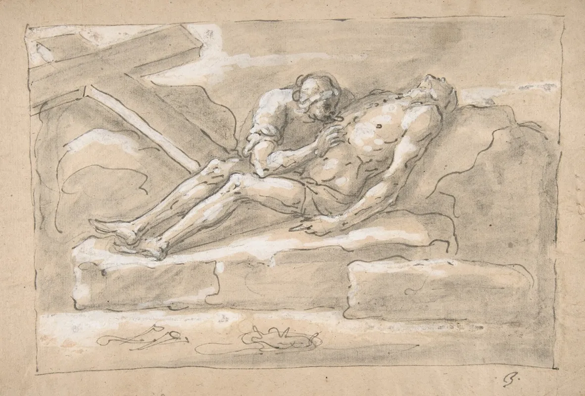 The Dead Christ Mourned By The Magdalen Who Venerates His Side Wound Wall Art by Fortunato Duranti - High-Resolution Digital Print