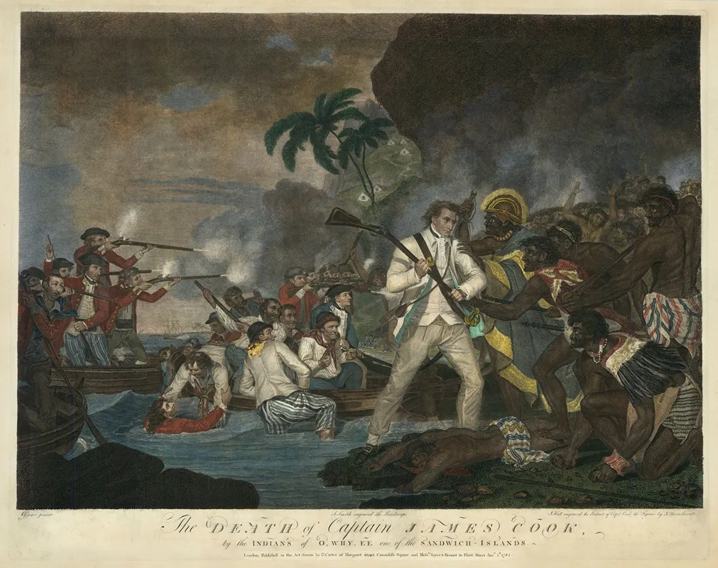 The Death Of Captain James Cook By The Indians Of O Why Ee One Of The Sandwich Islands Wall Art by George Carter - High-Resolution Digital Print