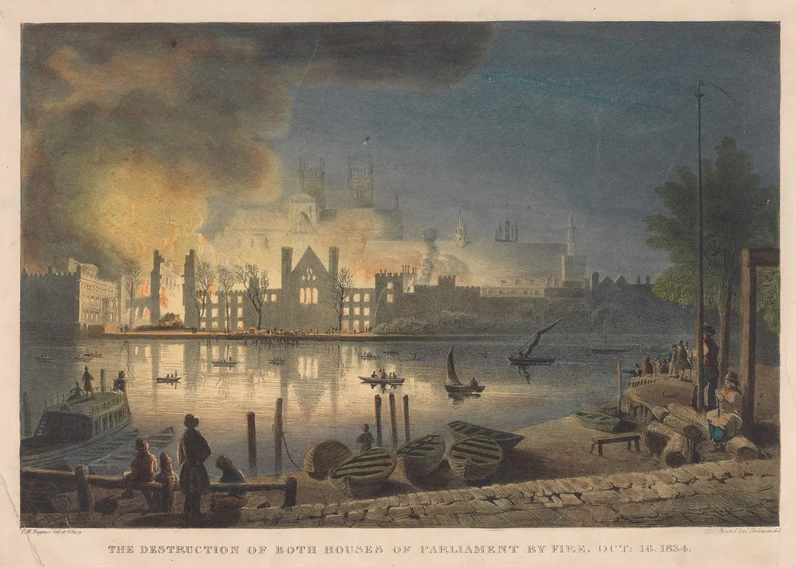 The Destruction Of Both Houses Of Parliament By Fire Oct 16 1834 Wall Art by Thomas Mann Baynes - High-Resolution Digital Print