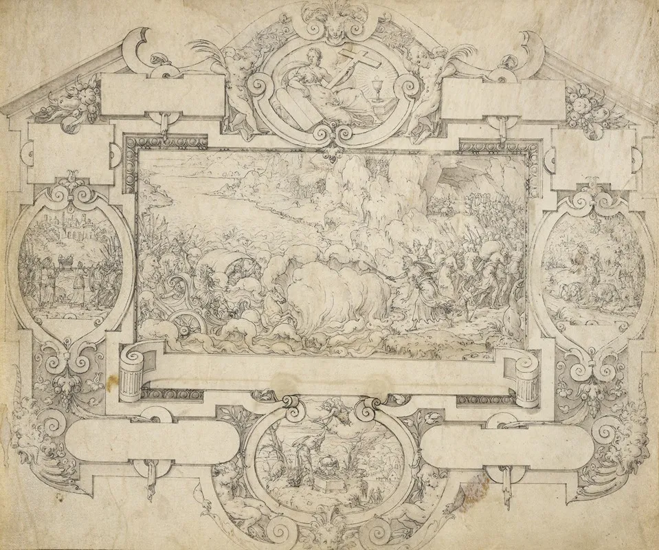 The Destruction Of Pharoahs Army And Other Scenes Within A Cartouche Wall Art by Etienne Delaune - High-Resolution Digital Print