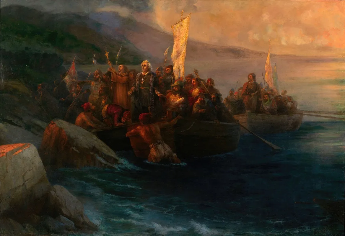 The Disembarkation Of Christopher Columbus With Companions On Three Launches On Friday 12th October 1492 At Sunrise On An American Island Named San Salvador By Him On The Very Same Day Wall Art by Ivan Konstantinovich Aivazovsky - High-Resolution Digital Print