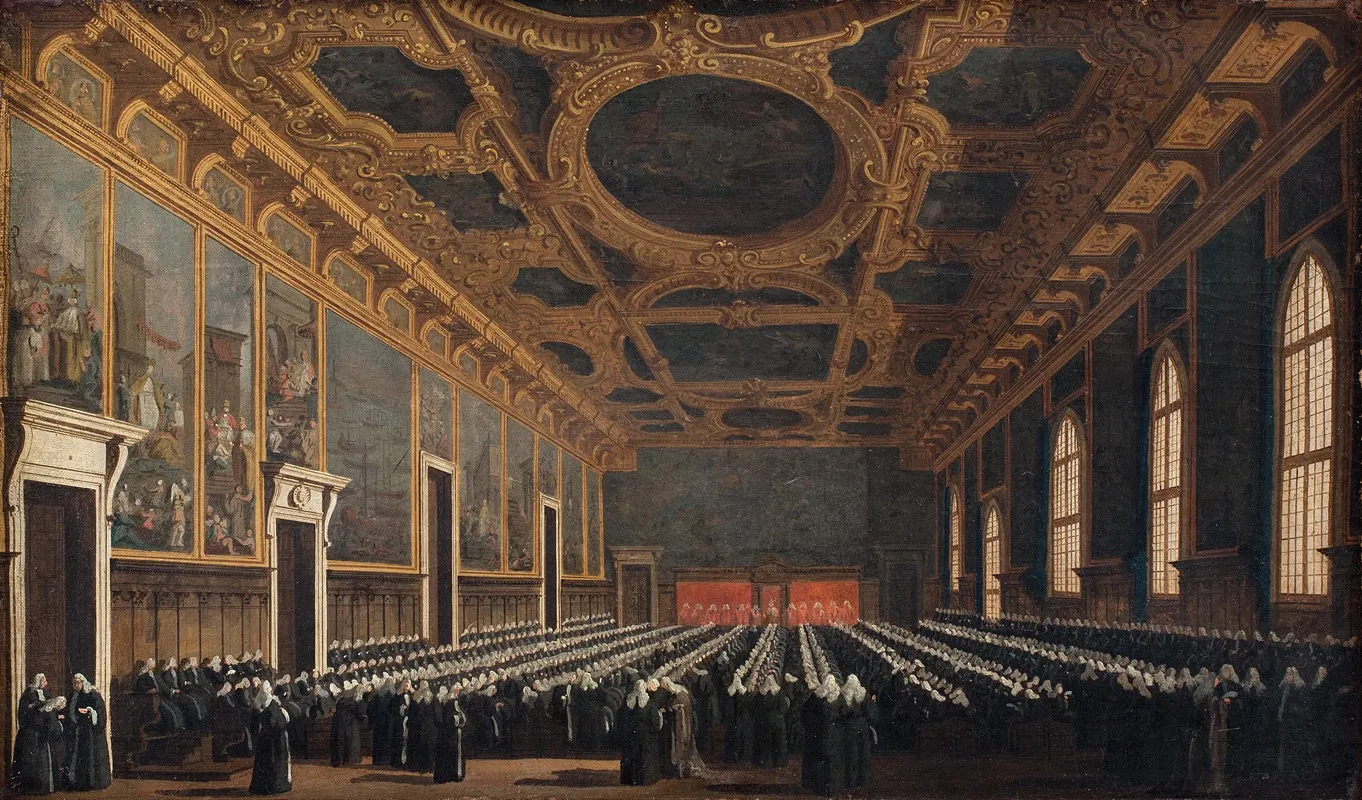 The Doge And Grand Council In Sala Del Maggior Consiglio Wall Art by Canaletto - High-Resolution Digital Print