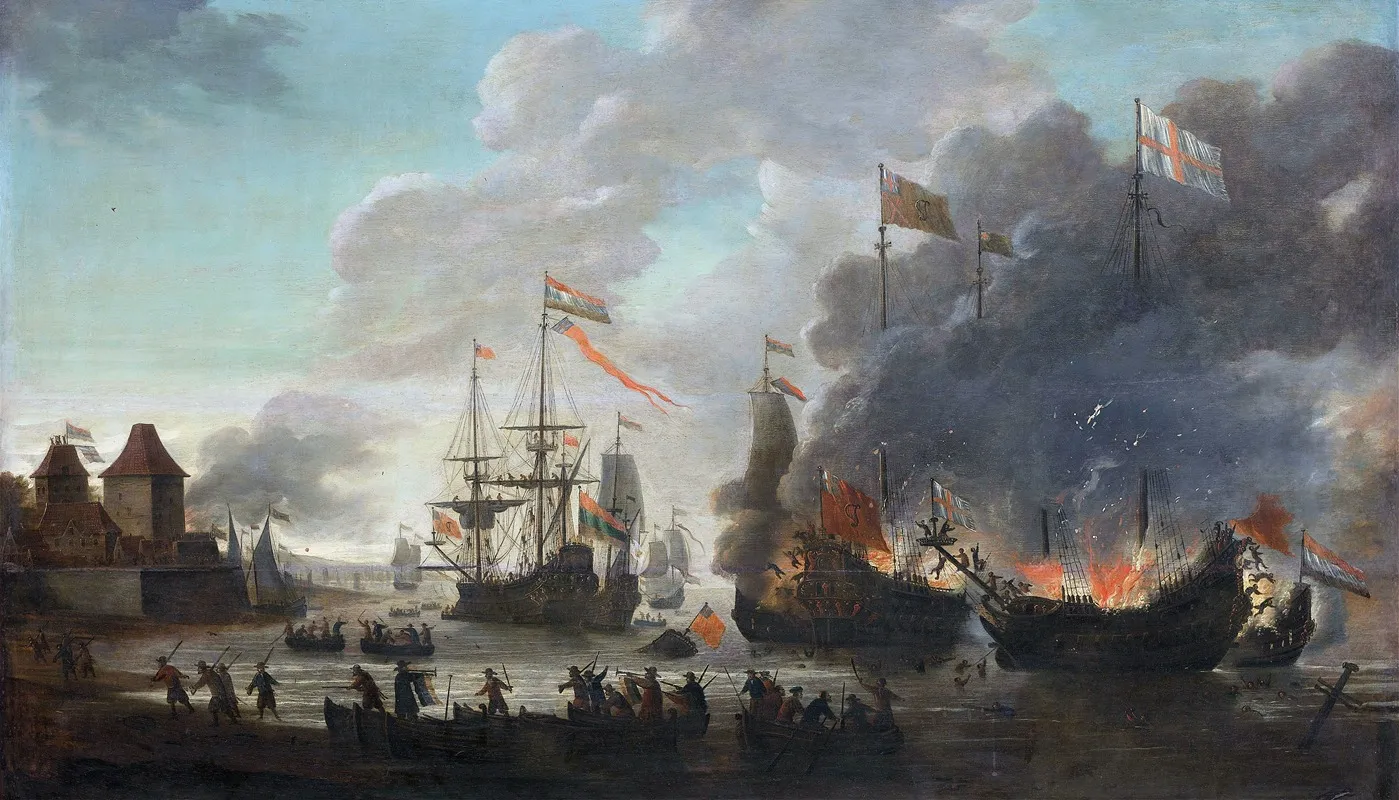 The Dutch Burning English Ships During The Dutch Raid On The Medway 20 June 1667 Wall Art by Jan van Leyden - High-Resolution Digital Print