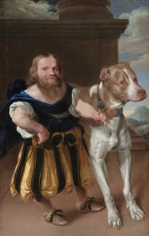The Elector Of Saxonys Italian Dwarf Giachomo Favorchi With Princess Magdalene Sibylles Dog Raro Wall Art by Abraham Wuchters - High-Resolution Digital Print