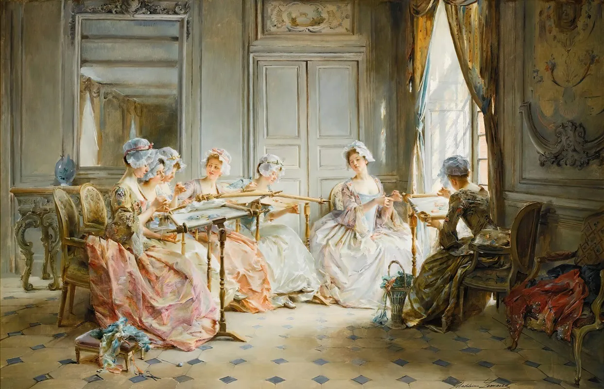 The Embroidery Class Wall Art by Madeleine-Jeanne Lemaire - High-Resolution Digital Print
