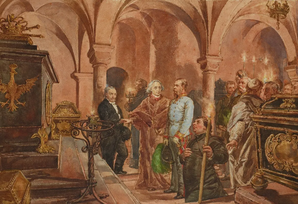 The Emperor In Front Of The Sarcophagus Of John Iii Sobieski In Saint Leonards Crypt Under The Wawel Cathedral Wall Art by Jan Matejko - High-Resolution Digital Print