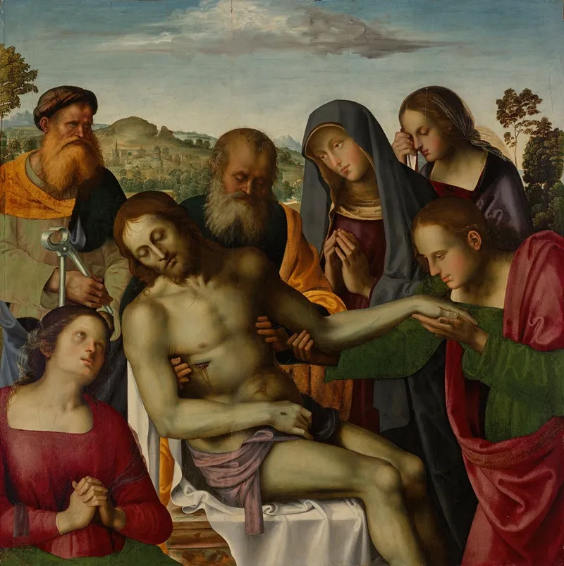 The Entombment Of Christ With The Virgin Mary Magdalene Nicodemus Saint John The Evangelist And Other Saints Wall Art by Giannicola Di Paolo Manni - High-Resolution Digital Print