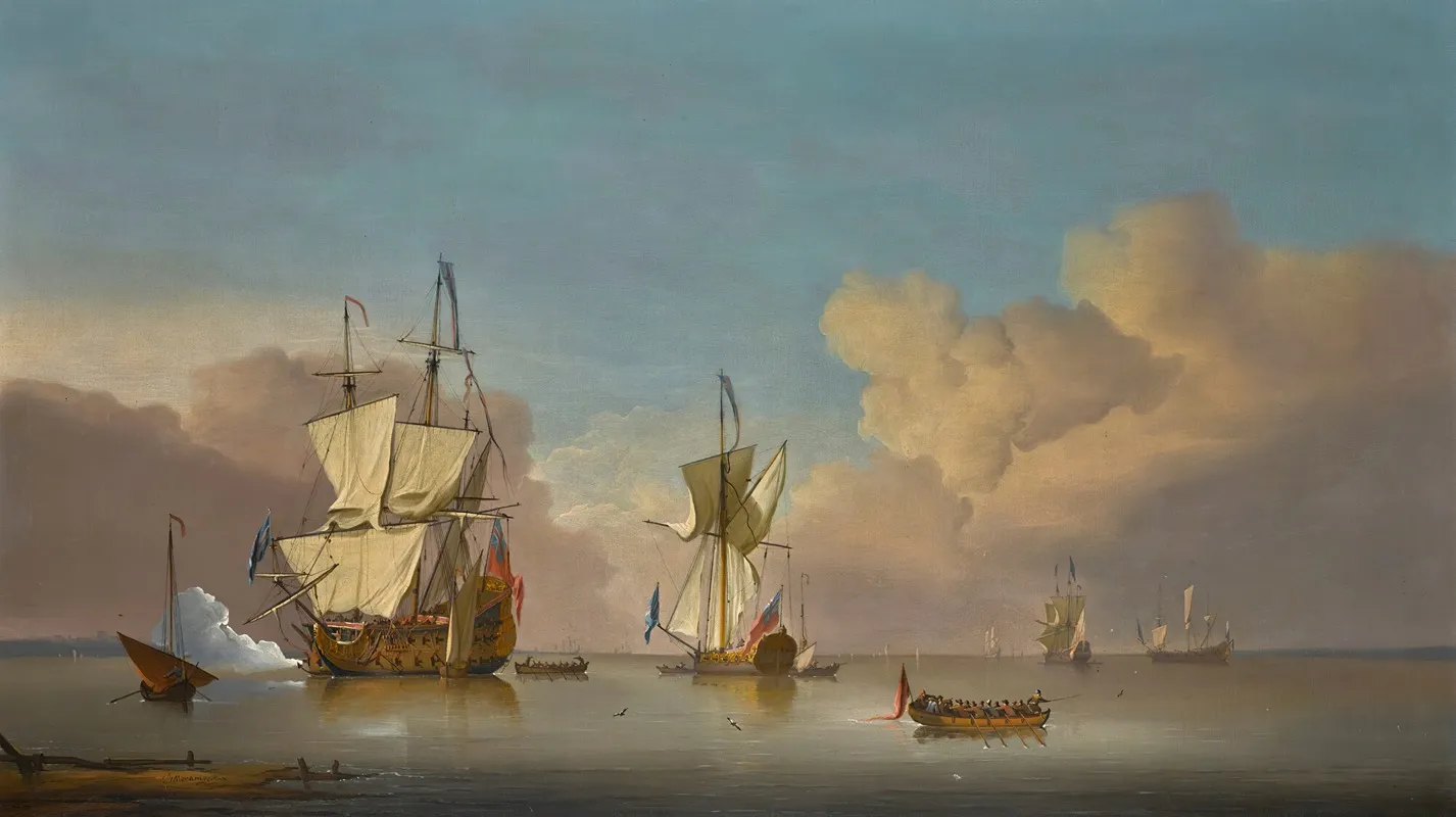 The Evening Gun Men O War And Barges In A Calm Sea