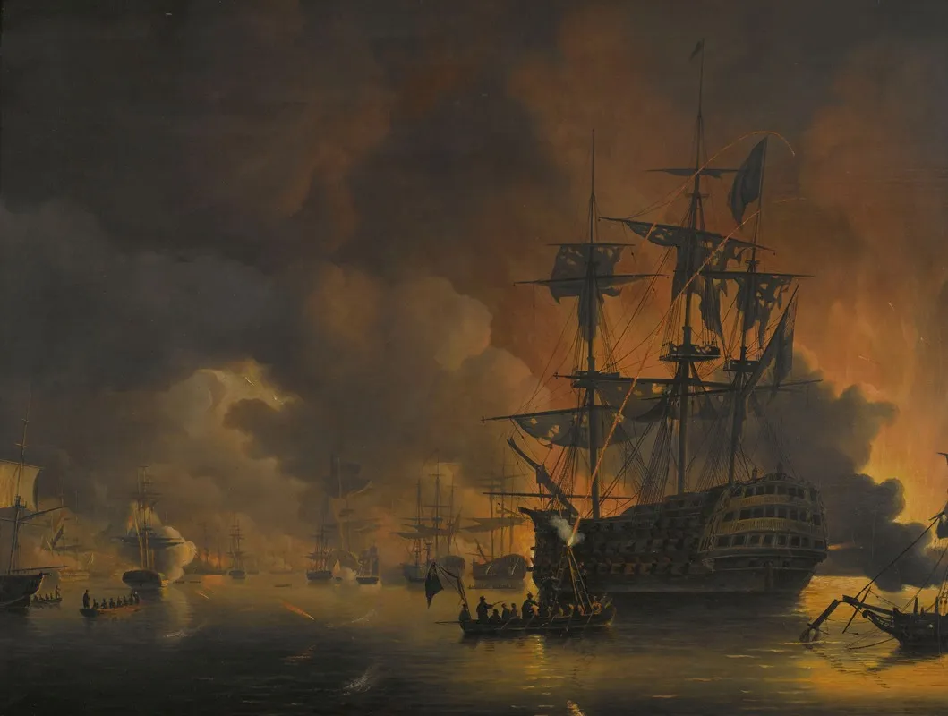 The Fire On The Wharves Of Algiers Shortly After The Commencement Of The Bombardment By The Anglo Dutch Fleet 27 August 1816 Wall Art by Nicolaas Baur - High-Resolution Digital Print