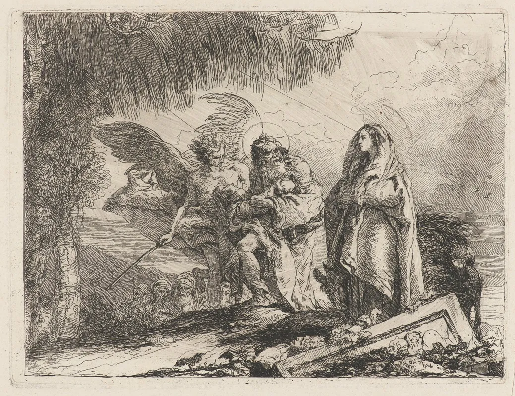 The Flight Holy Family Walking With Angel Wall Art by Giovanni Domenico Tiepolo - High-Resolution Digital Print