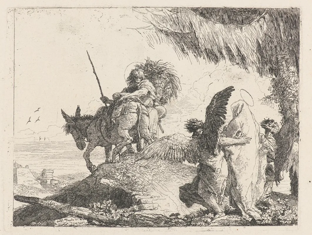 The Flight With Madonna At Right Supported By Angels Wall Art by Giovanni Domenico Tiepolo - High-Resolution Digital Print