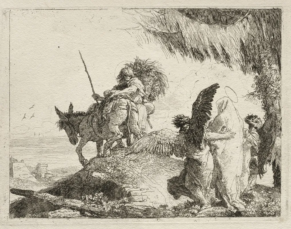 The Flight With The Madonna At Right Supported By Angels Wall Art by Giovanni Domenico Tiepolo - High-Resolution Digital Print