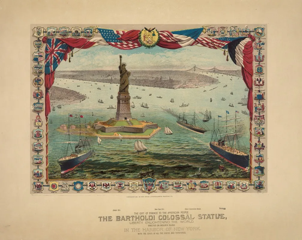 The Gift Of France To The American People The Bartholdi Colossal Statue Liberty Enlightening The World Wall Art by Shugg Lithographoid Printing Co. - High-Resolution Digital Print